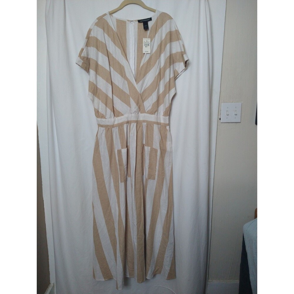New w/ Tag Ashley Stewart size 18 Linen/Cotton Striped Dress Tan White Pockets